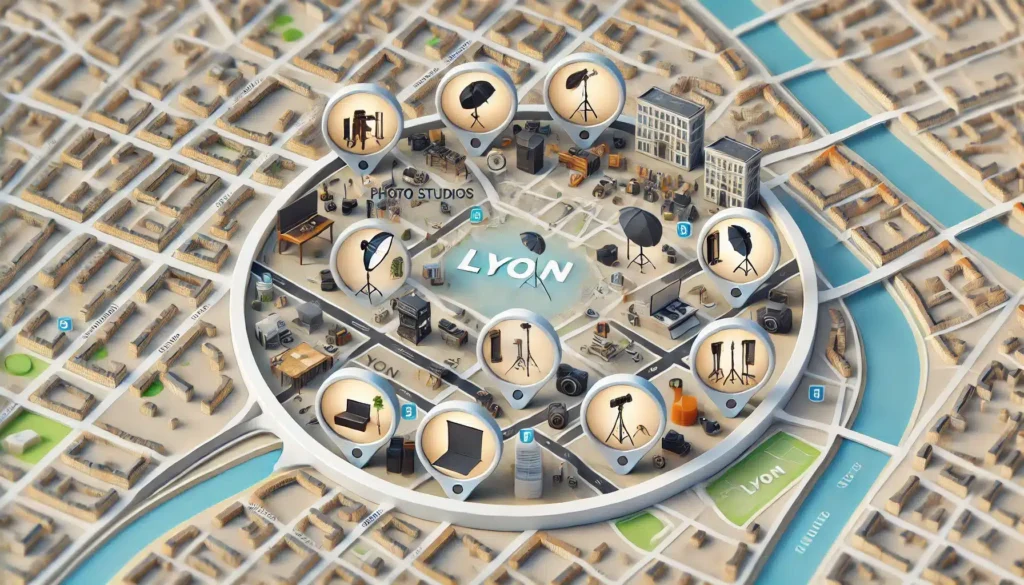 Carte 2D de Lyon montrant les emplacements des studios photo