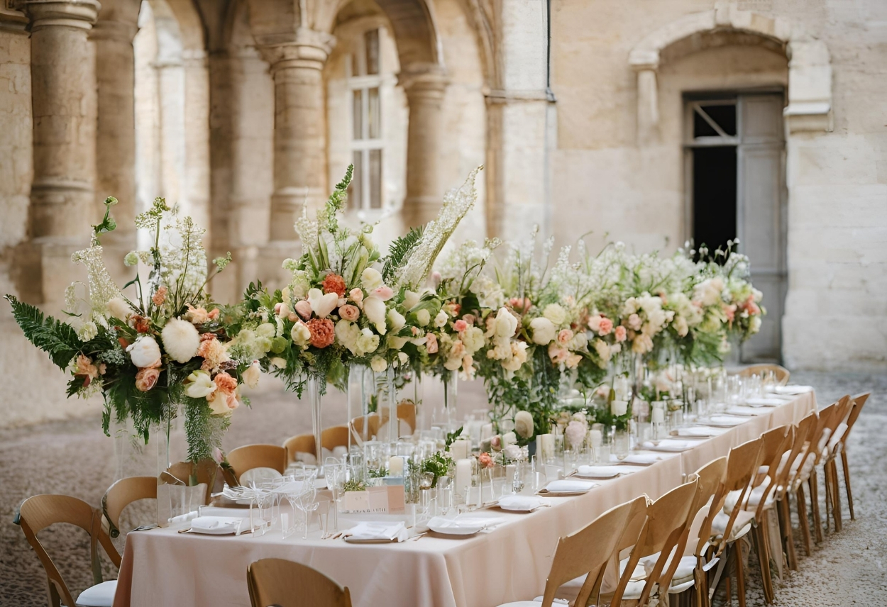 Table décorée avec des arrangements floraux élégants pour un mariage à Lyon.