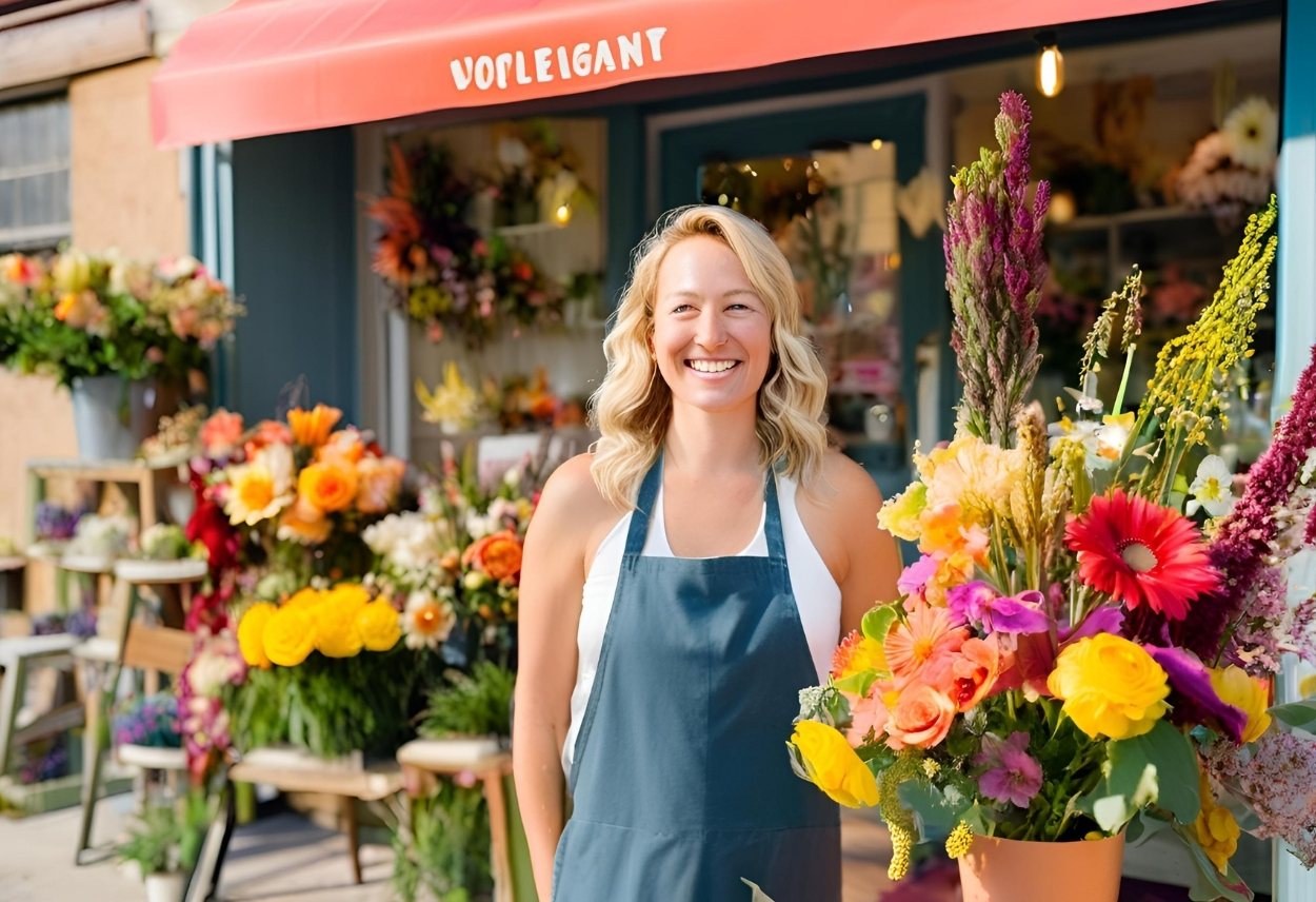 Fleuriste lyonnaise souriante devant sa boutique colorée, spécialisée dans les fleurs pour mariages et événements.