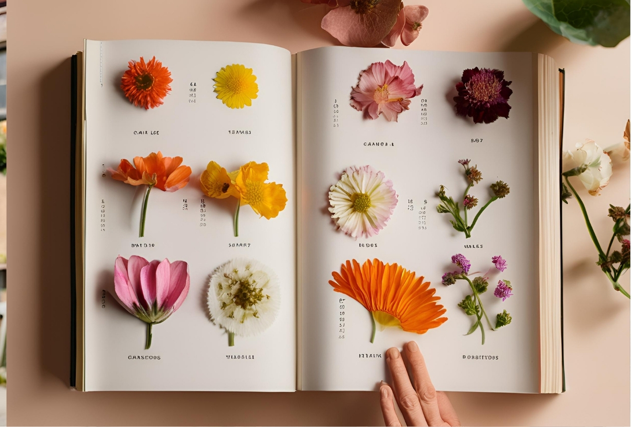 Livre ouvert présentant des fleurs séchées et leurs descriptions, parfait pour planifier une décoration florale de mariage.