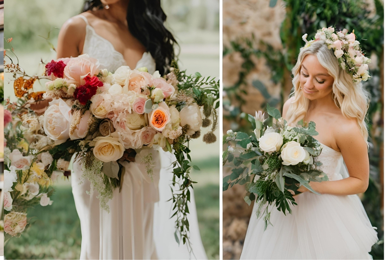 Deux mariées tenant des bouquets de mariage : l’une avec un grand bouquet romantique composé de roses de jardin et l’autre avec un bouquet bohème à base de fleurs sauvages et feuillages.
