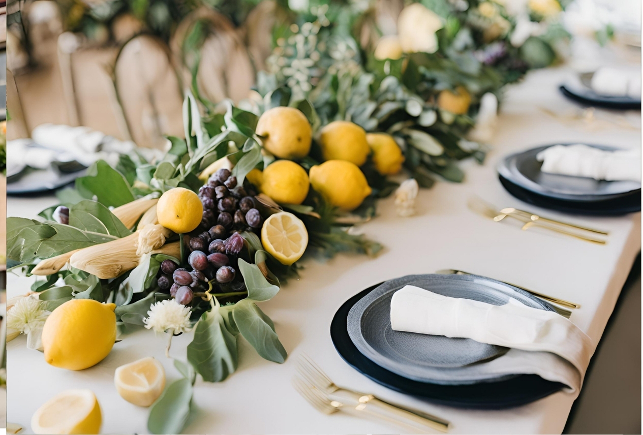 Décoration de table de mariage avec des éléments non floraux : citrons, figues, feuillages et assiettes élégantes pour une ambiance méditerranéenne.