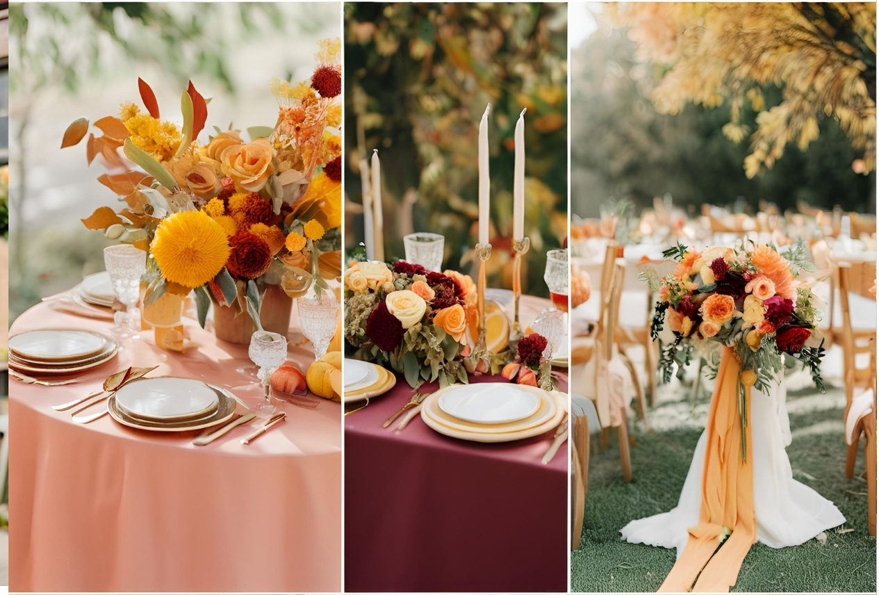 Décoration florale pour mariage avec des couleurs automnales et estivales, mélange de roses, dahlias, et feuillages dans des teintes chaudes et vibrantes, parfaite pour une ambiance saisonnière élégante.