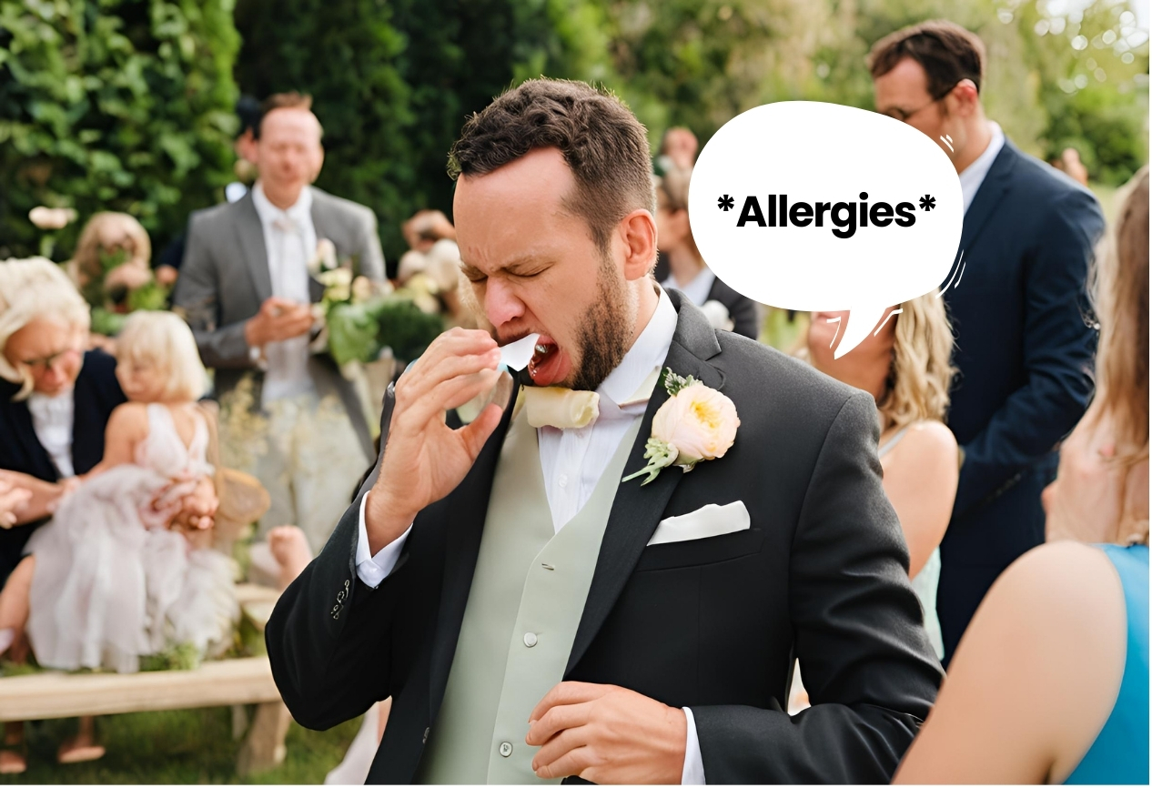Un invité de mariage en costume éternue pendant la cérémonie en raison d’allergies aux fleurs, illustrant l’importance de choisir des fleurs adaptées pour un événement.