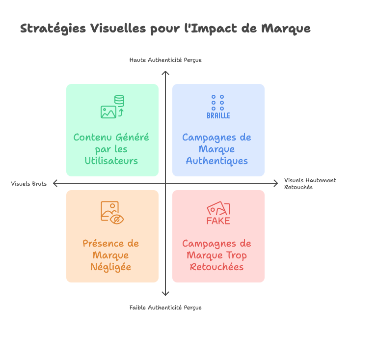 Schéma des stratégies visuelles pour l'impact de marque, illustrant quatre catégories : Contenu généré par les utilisateurs, Campagnes de marque authentiques, Présence de marque négligée et Campagnes de marque trop retouchées.