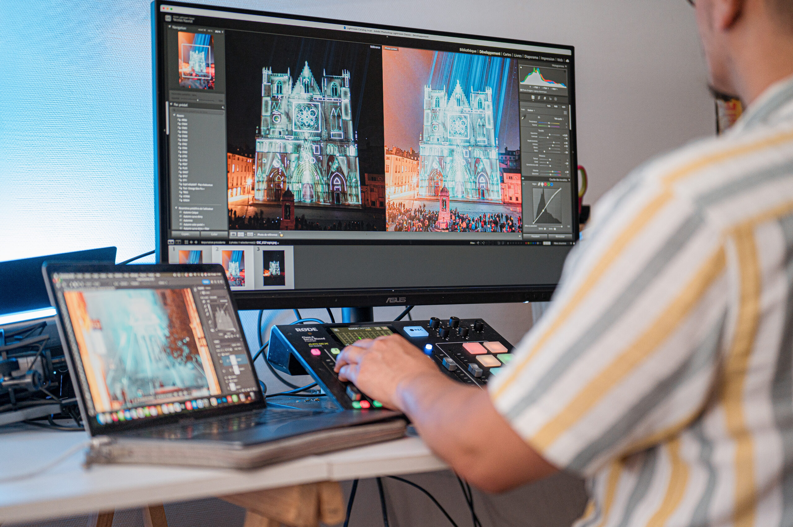 Photographe travaillant sur retouche d'images de cathédrale en post-production avec logiciel professionnel