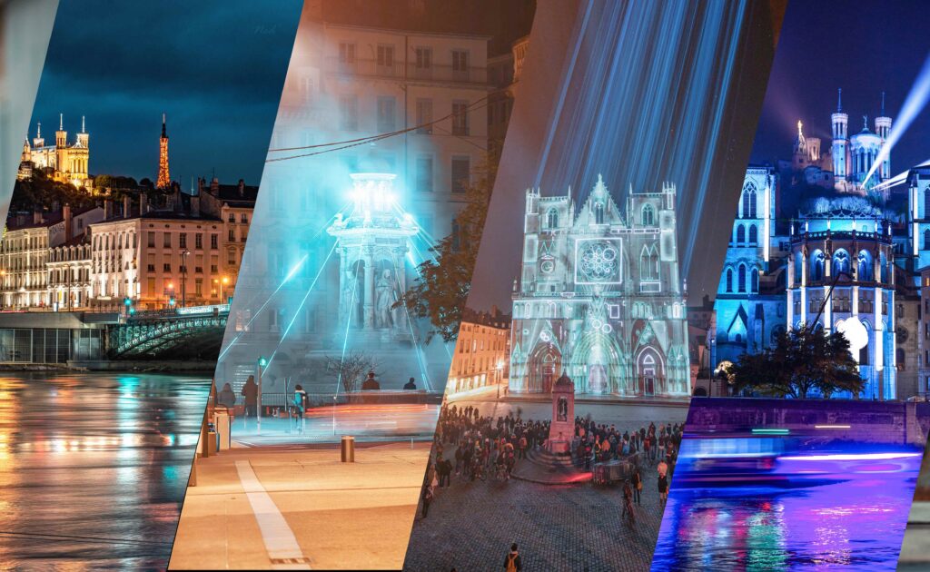 Photo de nuit de Lyon avec filés lumineux colorés et lumières urbaines en pose longue
