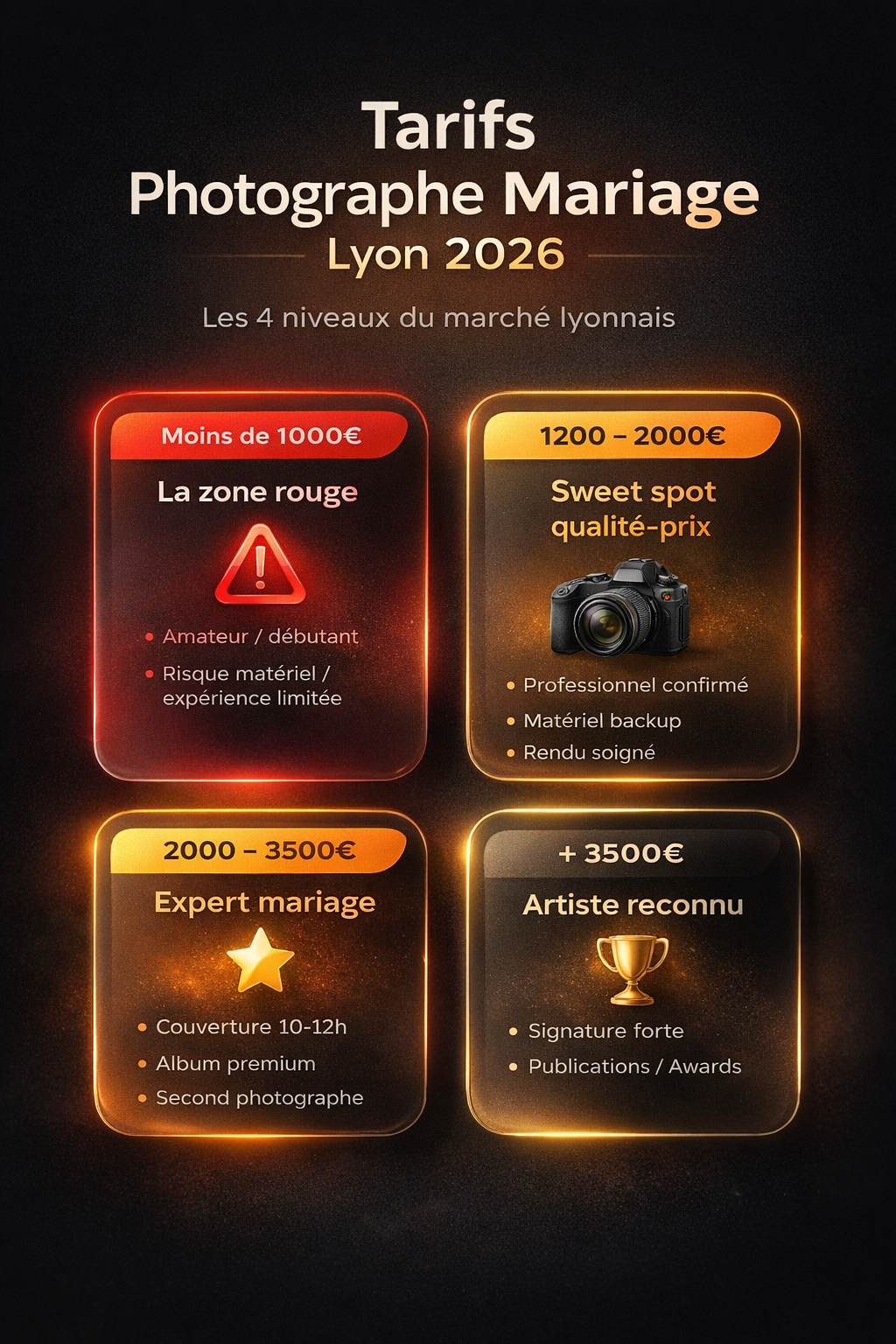 Tarifs photographe mariage Lyon 2026 : fourchettes de prix par niveau