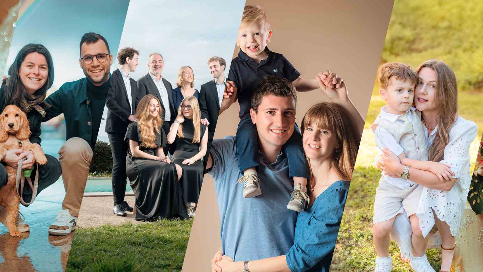 Collage montrant différentes séances photo : famille avec enfants, couple, portrait groupe, prise en extérieur et studio