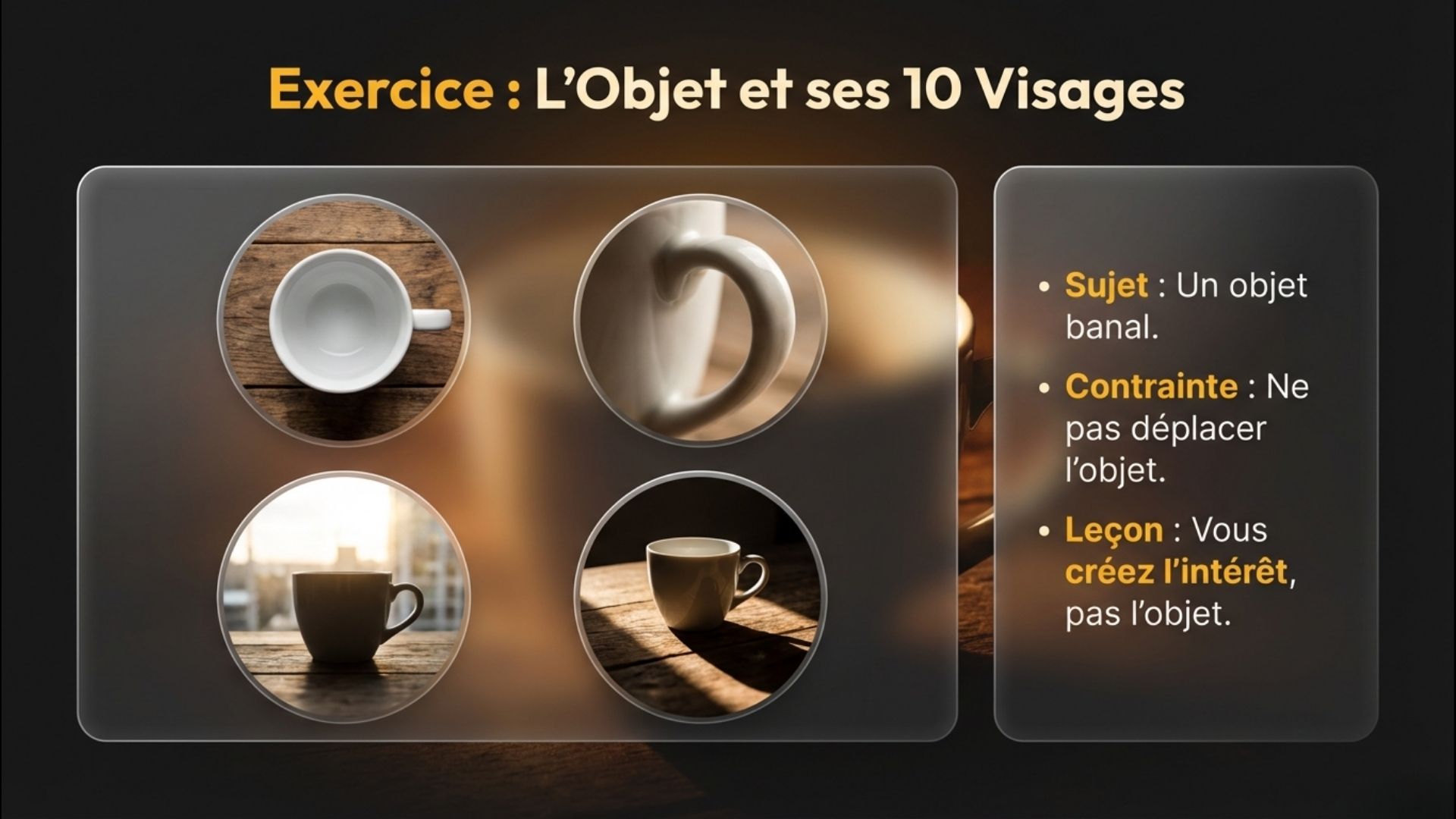 Support pédagogique montrant quatre cadrage différents d'une tasse, démonstration technique de composition photographique