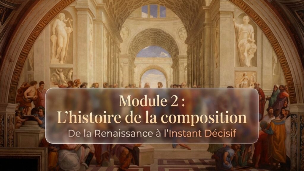 Fresque Renaissance avec architecture classique, colonnes et figures, illustration pédagogique composition