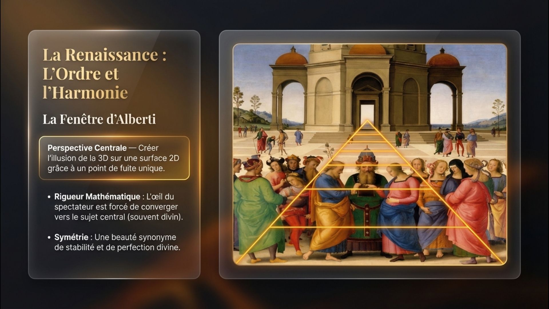 Peinture Renaissance montrant perspective centrale avec figures en robes colorées et géométrie dorée sur architecture classique