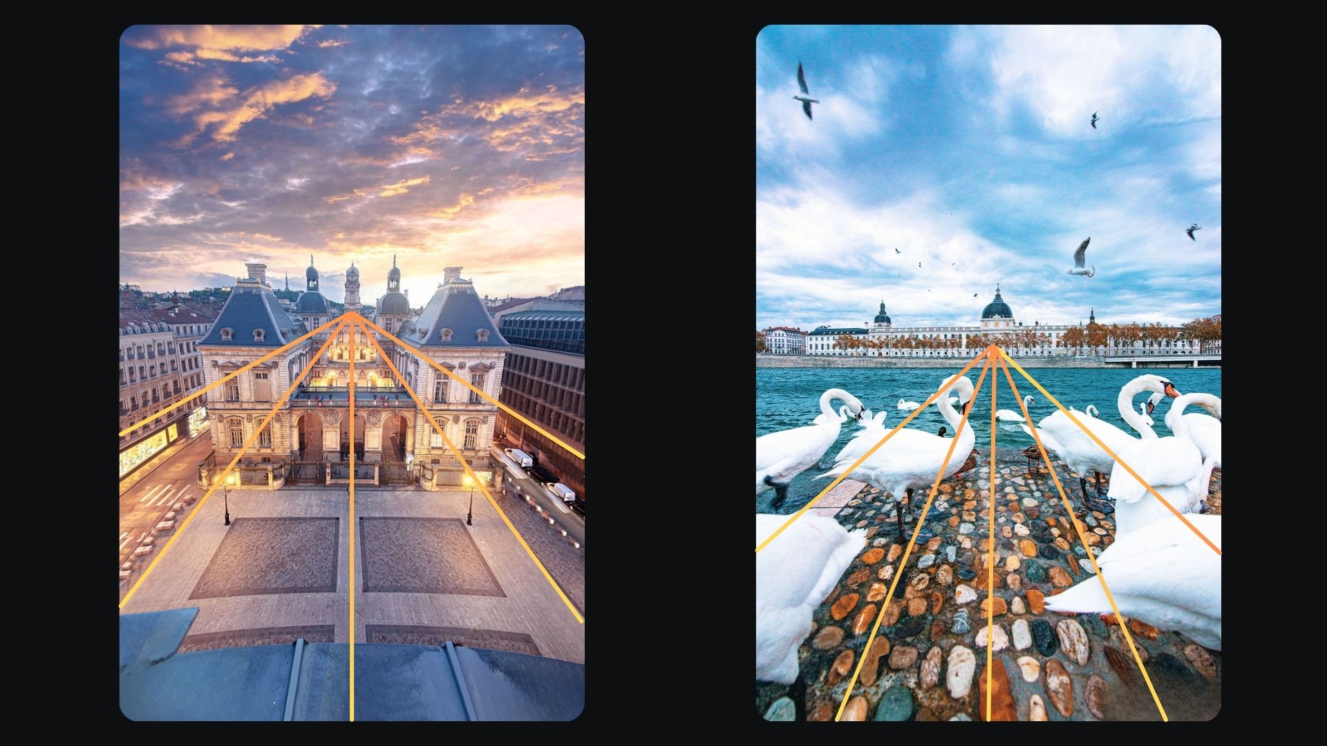 Vue aérienne d'une galerie couverte lyonnaise au coucher de soleil avec architecture haussmannienne illuminée