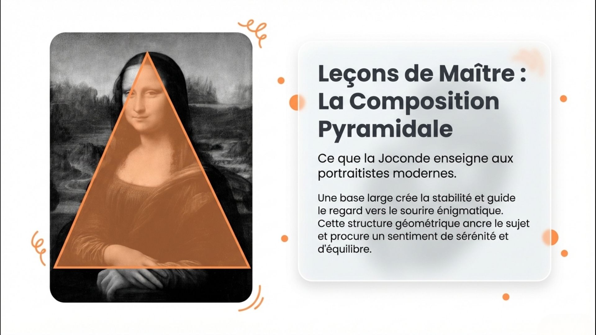 Infographie sur la composition pyramidale en photographie, illustrée sur la Joconde avec triangle orange