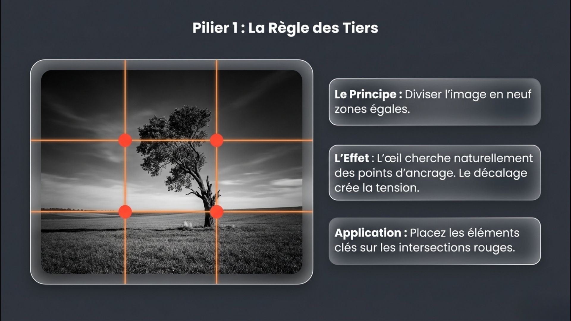 Schéma pédagogique de la règle des tiers avec arbre solitaire en noir et blanc