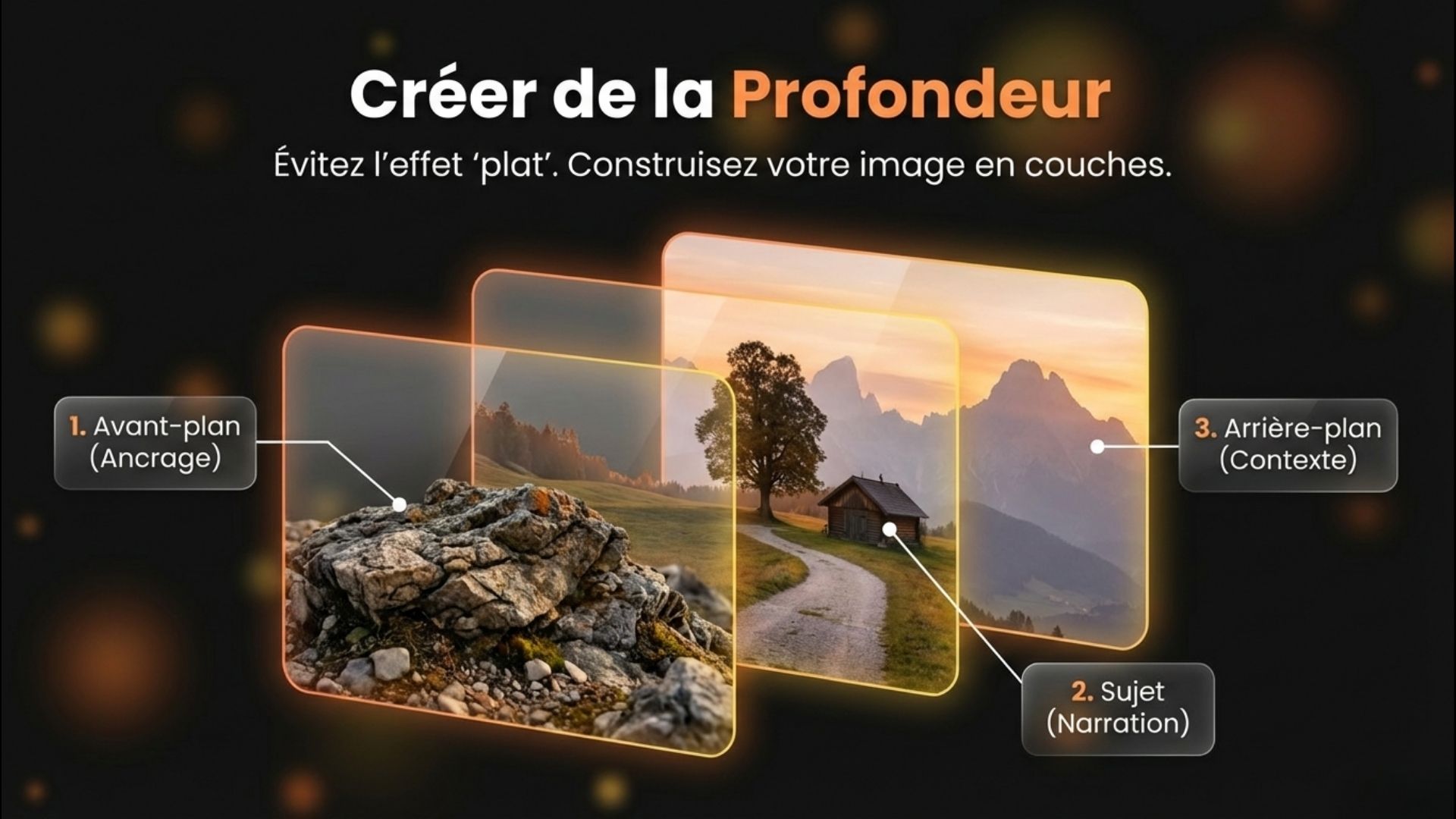 Schéma pédagogique montrant la technique de composition photographique avec avant-plan, sujet et arrière-plan pour créer de la profondeur