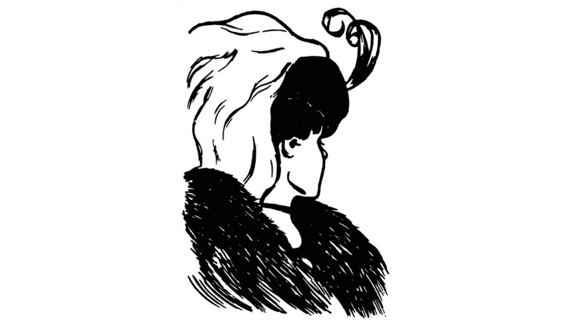Dessin au trait d'une femme de profil, cheveux volumineux, col de fourrure, style vintage
