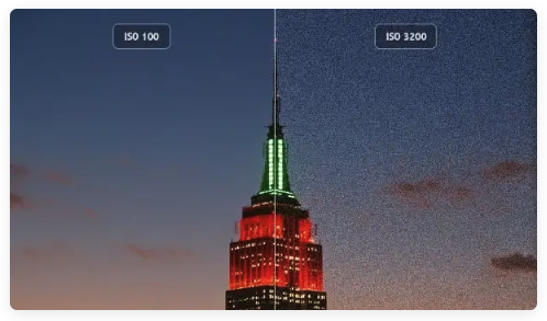 Empire State Building éclairé rouge et vert, comparaison ISO 100 et ISO 3200 en photographie de nuit