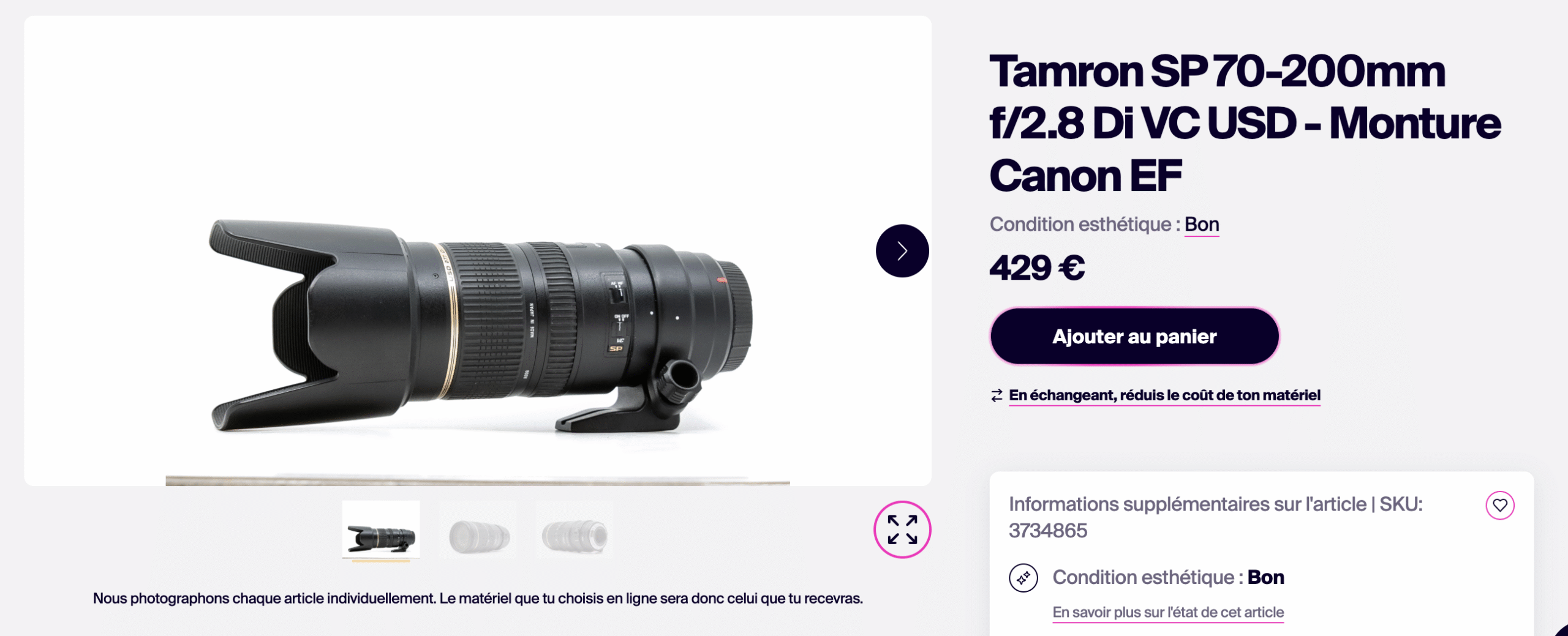 Objectif Tamron SP 70-200mm f/2.8 Di VC avec monture Canon EF, vue de profil