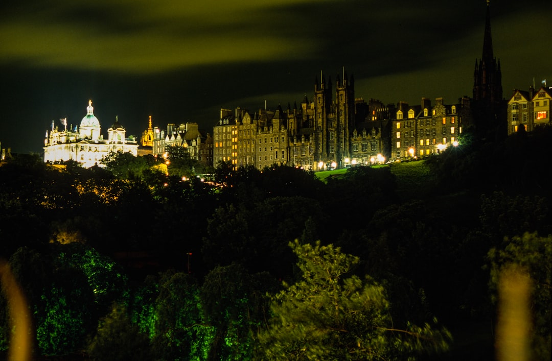 a night view of a city with a castle in the background