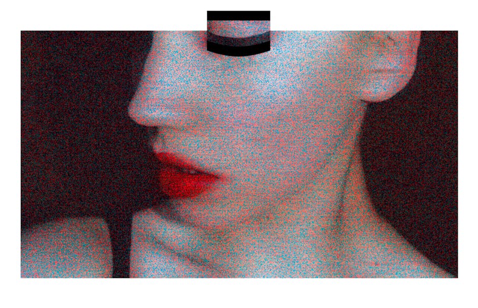 Abstract portrait with red lips and grainy texture, creating a contemporary artistic vibe.