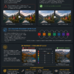 Infographie comparant saturation et vibrance en photographie, avec exemples avant après sur paysage montagneux et maison rouge.