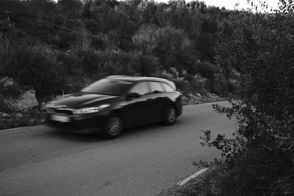 Black and white image capturing the blurred motion of a car speeding on a rural road.