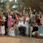 Photo de famille joyeuse près du kiosque du Domaine de Bellevue, le grand-père assis au centre entouré de tous