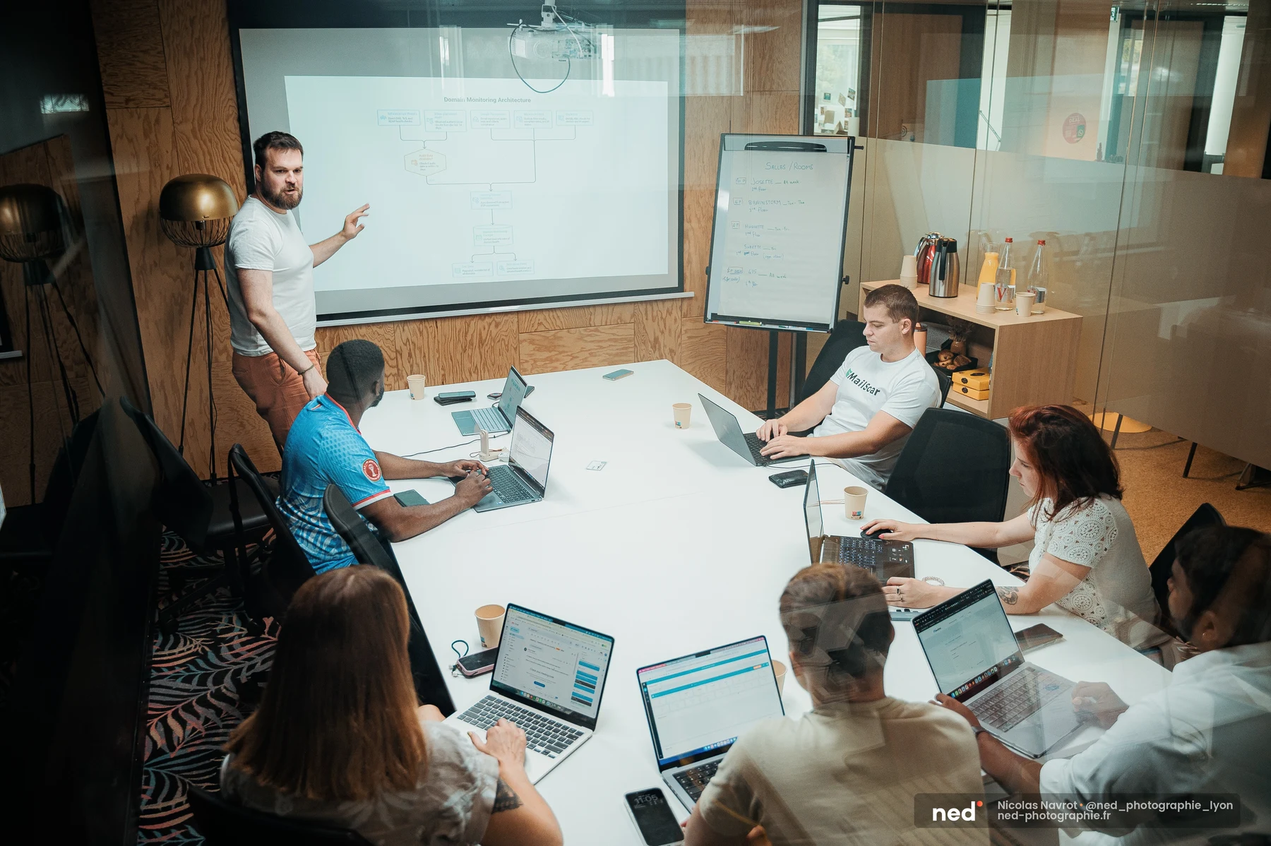 Un homme debout désigne un diagramme projeté intitulé « Domain Monitoring Architecture » pendant que six collègues travaillent sur leurs laptops autour d'une ta