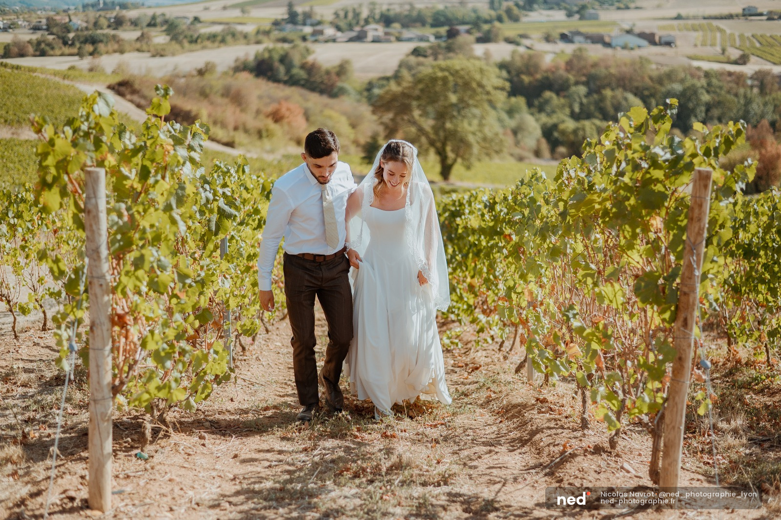 Mariée en robe blanche et voile marchant avec le marié en costume clair entre les rangs de vignes, paysage vallonné en arrière-plan